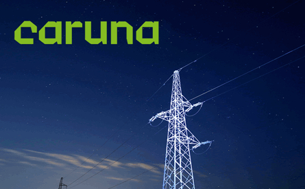 Photo of the Caruna logo and a electricity pylon